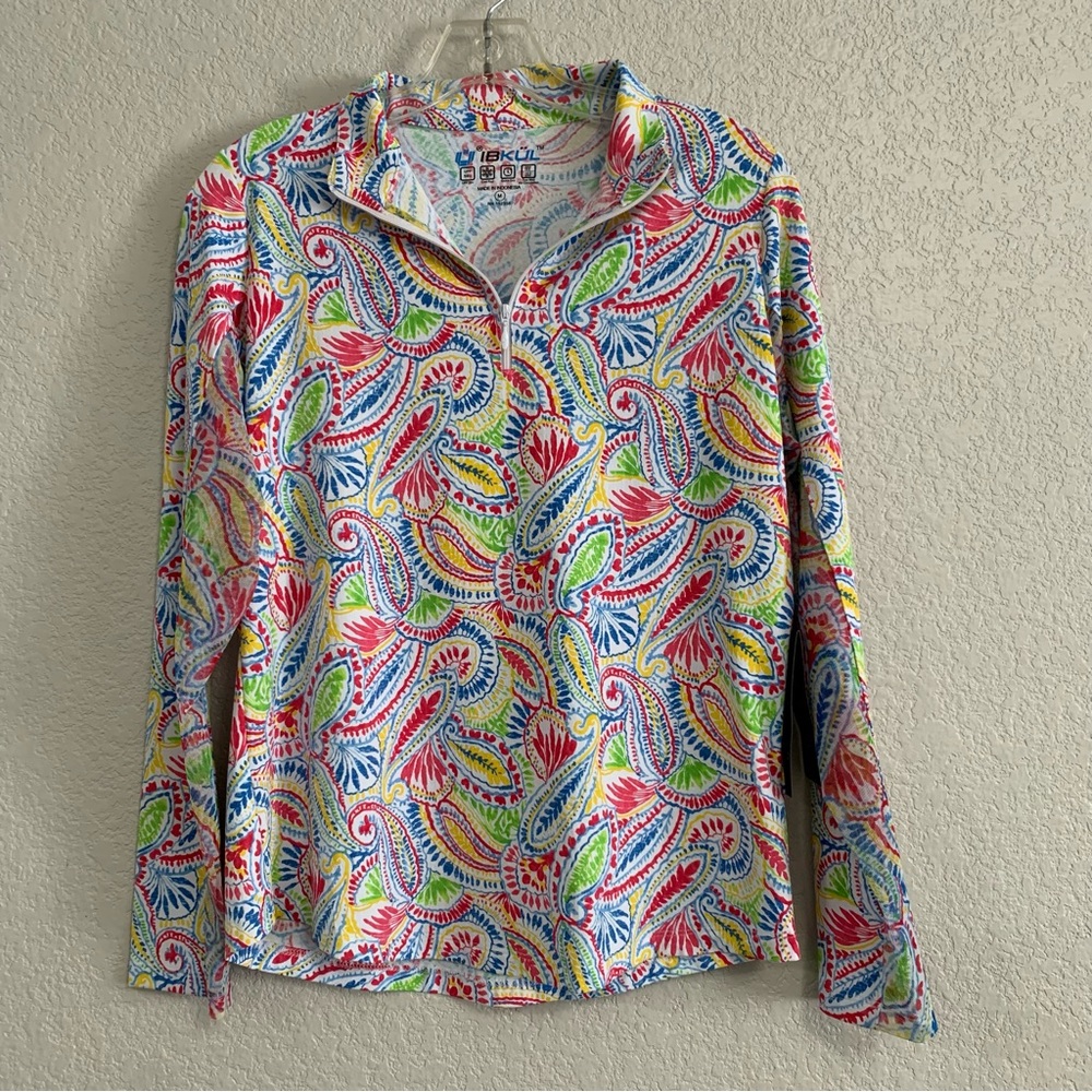 NWT Ibkul 1/4 Zip Shirt Top Womens M Golf Tennis Paisley UPF50 Mesh Vent Preppy - Picture 2 of 16